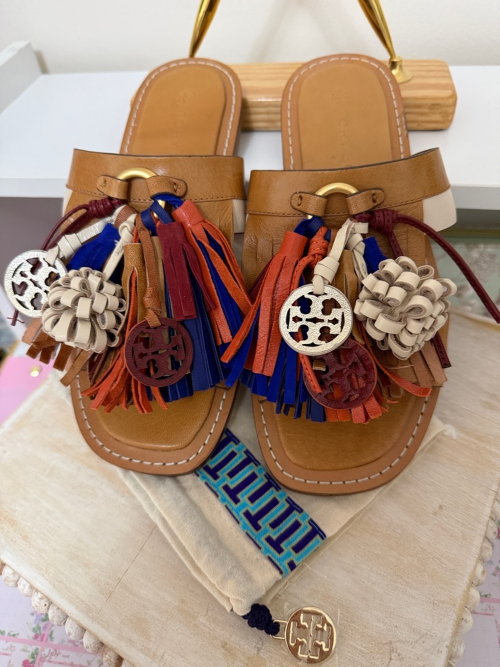 Tory Burch Tan Leather Tassel Slide Sandals with Multicolor Fringe - Picture 2 of 11